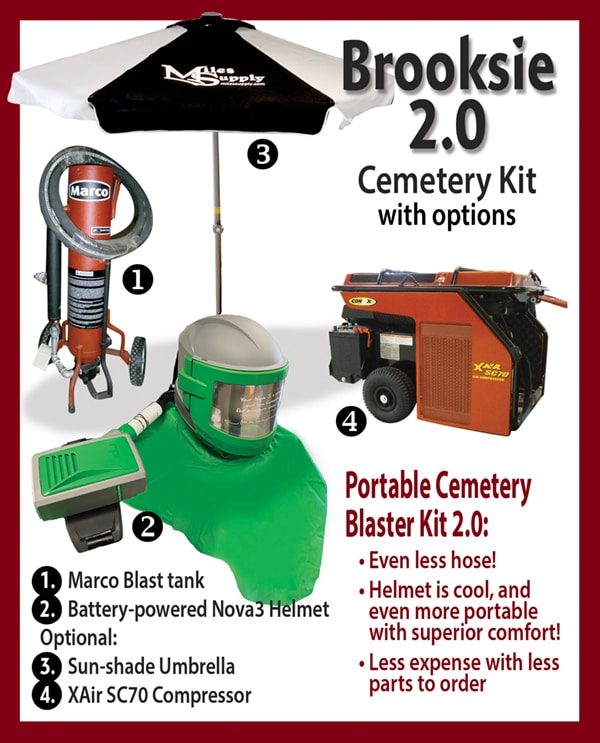 We updated our Brooksie Blaster kit and call it 2.0. There battery-powered helmet in this version uses even less sandblast hose! Comfortable and Cool!