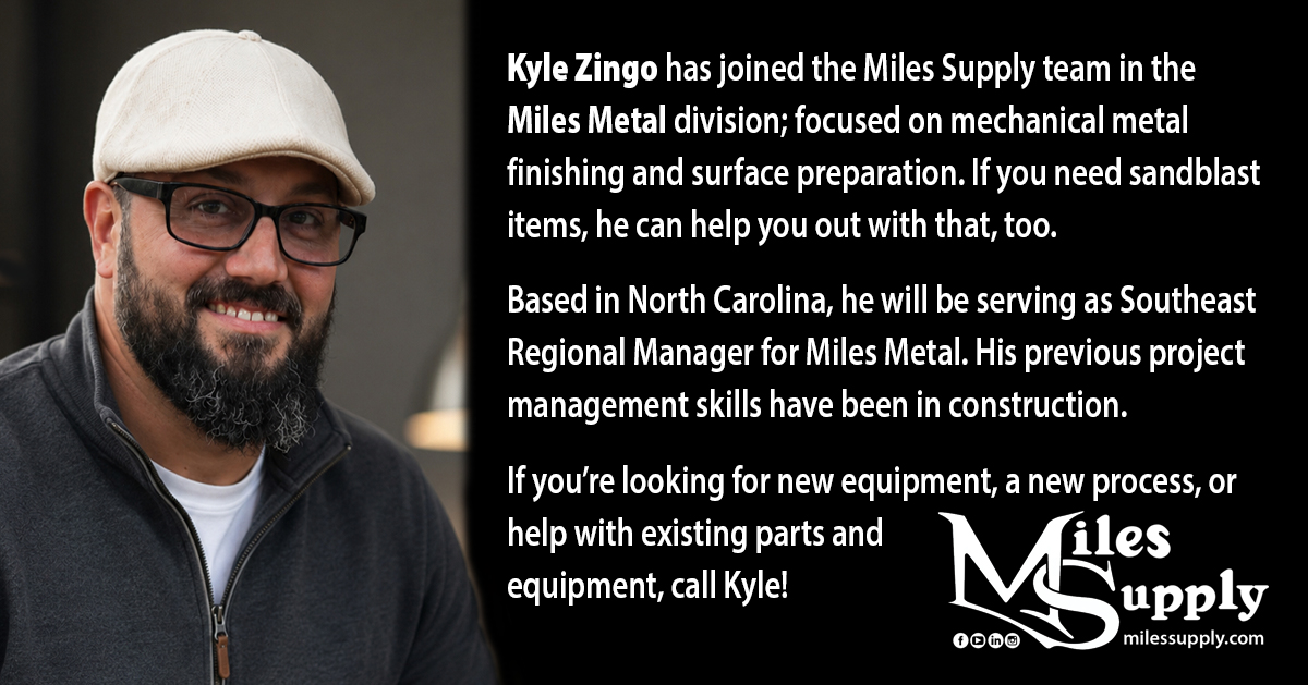 StaffIntros-Kyle | Miles Supply Portrait of Kyle Zingo wearing a beige cap and glasses, beside a black panel with his Miles Metal announcement text.