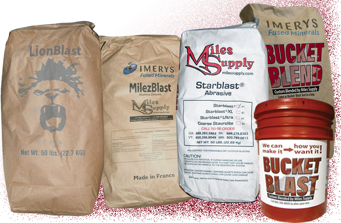 Abrasives for Sandblast | Miles Supply sandblast abrasive shown here includes lionblast, milezblast, starblast, bucket blast, and bucket blend from Miles Supply