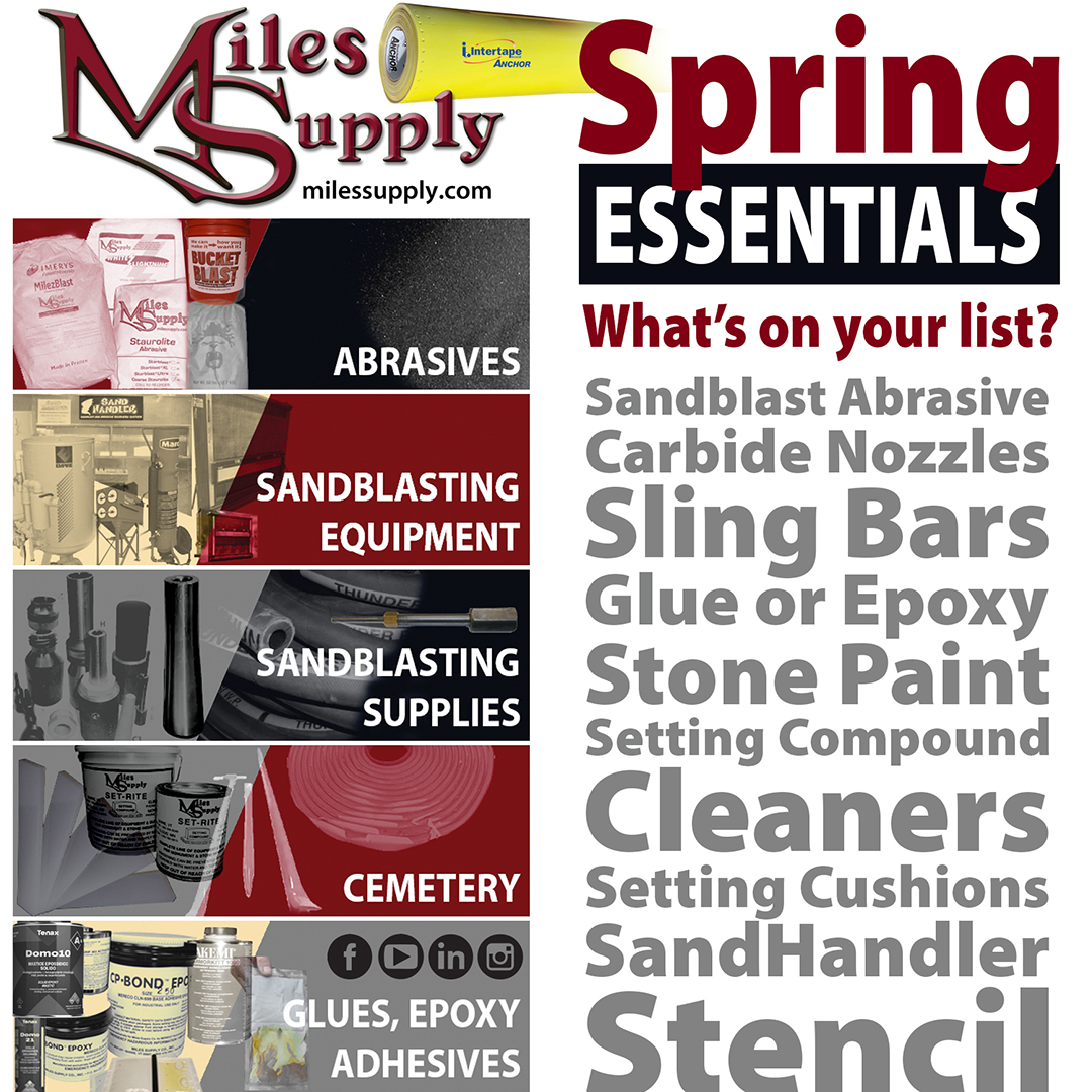 SpringSandblastList | Miles Supply Add sandblasting essentials on your list like abbrasive, nozzles, slings bars, epoxy, stone paint, setting compound cleaners, stencil etc