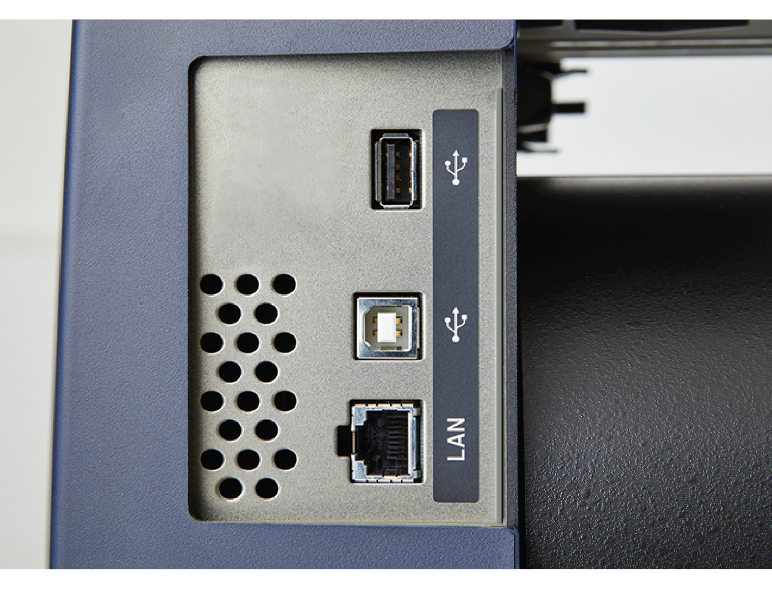 FC9000-DETAIL-5 | Miles Supply Rear panel of a device with a USB port and LAN (RJ-45) jack on a blue-metal chassis.