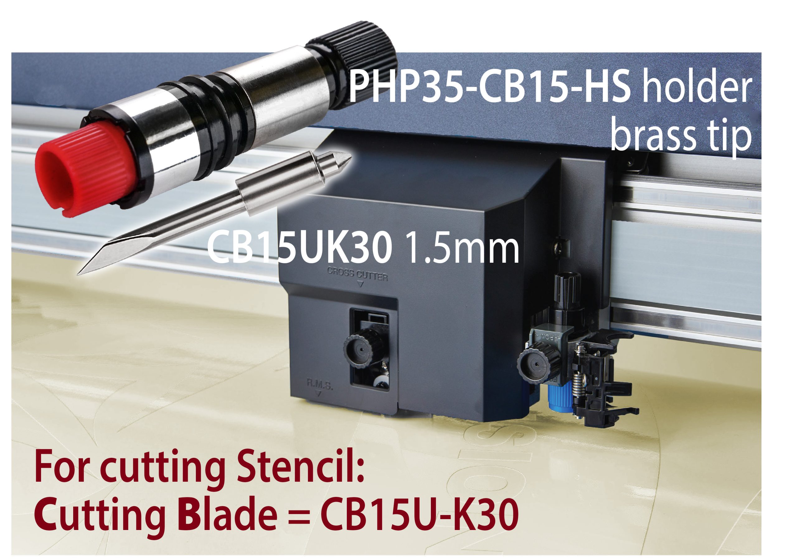 FC9000-blade and holder | Miles Supply Close-up of a stencil cutting machine needle/blade with a red cap, showing model text like 'CB15UK30 1.5mm' on the overlay.